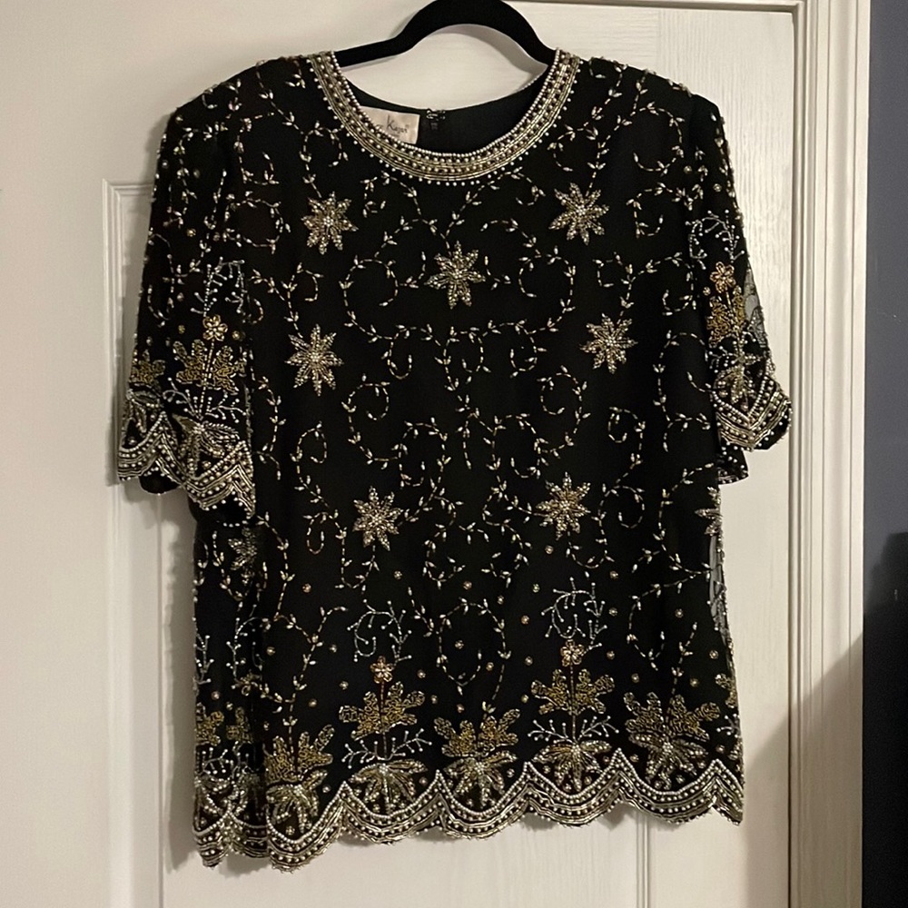 Vintage Laurence Kazar Black Beaded Formal Blouse Top 2XL